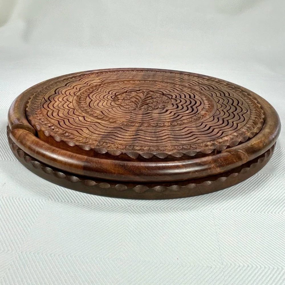 Vintage Collapsible Hand Carved Wooden Centerpiece, Basket, Rosewood Trivet